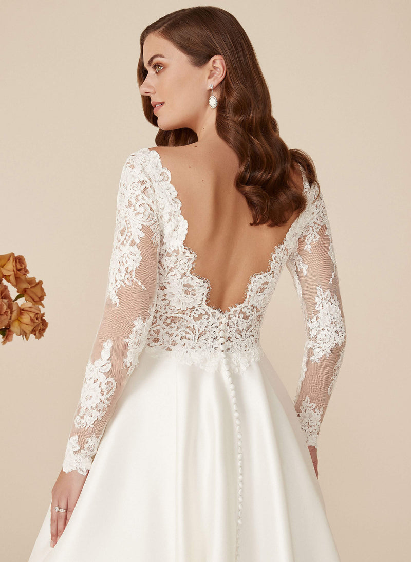 Lace Ball-Gown Wedding Dresses Satin Long Sleeves-Dbrbridal