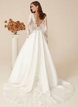 Lace Ball-Gown Wedding Dresses Satin Long Sleeves-Dbrbridal