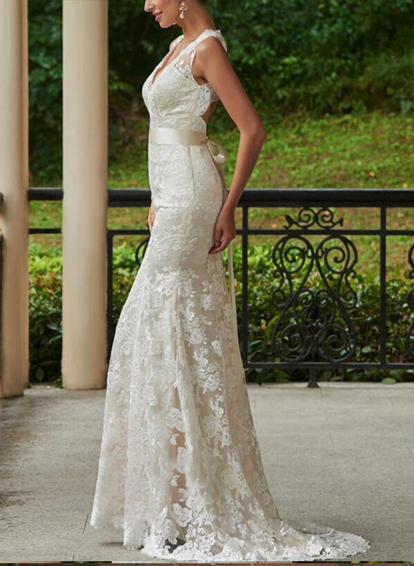 Lace Sheath Fitted V-neck Wedding Dresses Bows Sweep Train-Dbrbridal