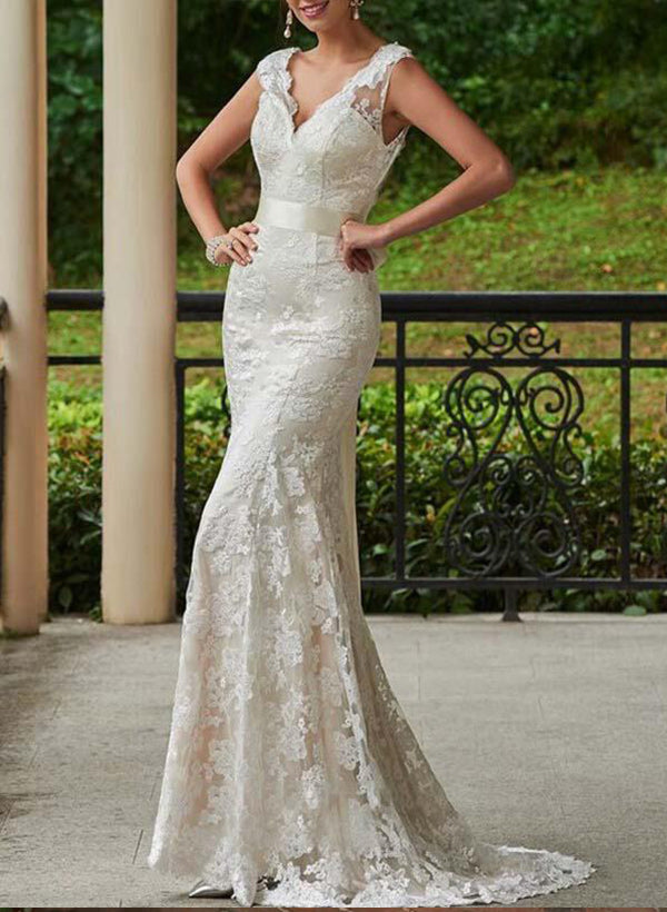 Lace Sheath Fitted V-neck Wedding Dresses Bows Sweep Train-Dbrbridal