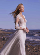 Lace Summer Beach Wedding Dresses Long Sleeves Tulle Chic A-line Sweep Train-Dbrbridal