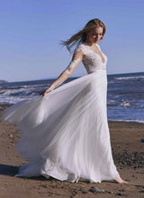 Lace Summer Beach Wedding Dresses Long Sleeves Tulle Chic A-line Sweep Train-Dbrbridal