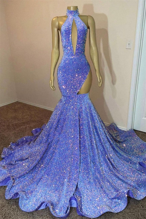 Light Blue High Neck Sleeveless Mermaid Prom Dresses With Split Sequins-Dbrbridal