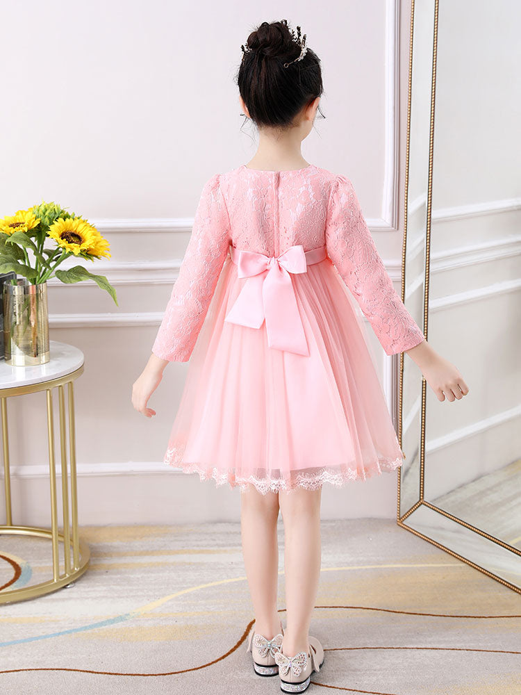 Light Pink Jewel Neck Long Sleeves Beaded Tulle Lace Kids Social Party Dresses-Dbrbridal