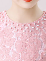 Light Pink Jewel Neck Long Sleeves Beaded Tulle Lace Kids Social Party Dresses-Dbrbridal