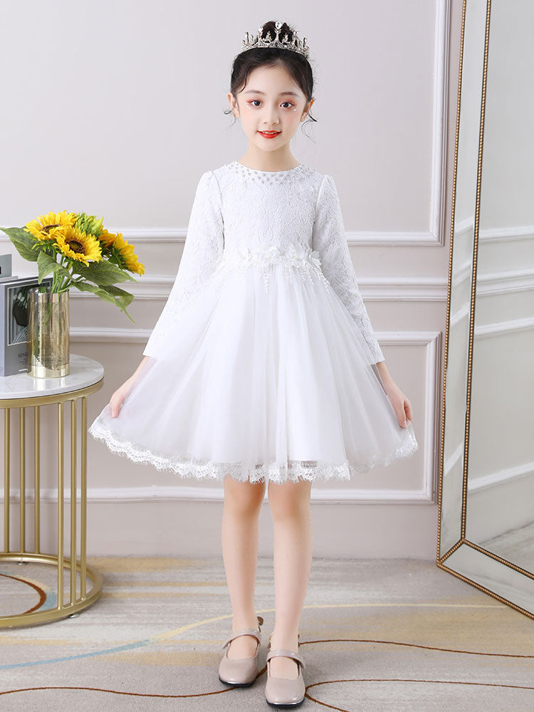 Light Pink Jewel Neck Long Sleeves Beaded Tulle Lace Kids Social Party Dresses-Dbrbridal