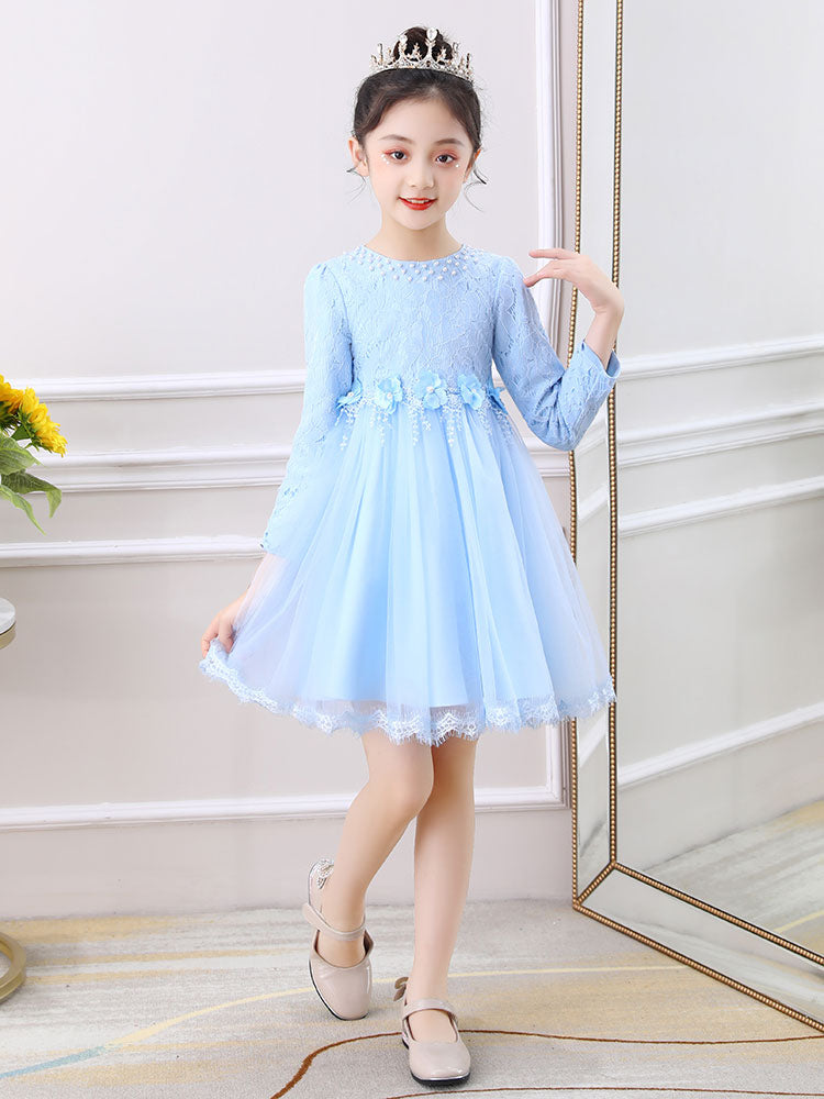 Light Pink Jewel Neck Long Sleeves Beaded Tulle Lace Kids Social Party Dresses-Dbrbridal