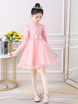 Light Pink Jewel Neck Long Sleeves Beaded Tulle Lace Kids Social Party Dresses-Dbrbridal