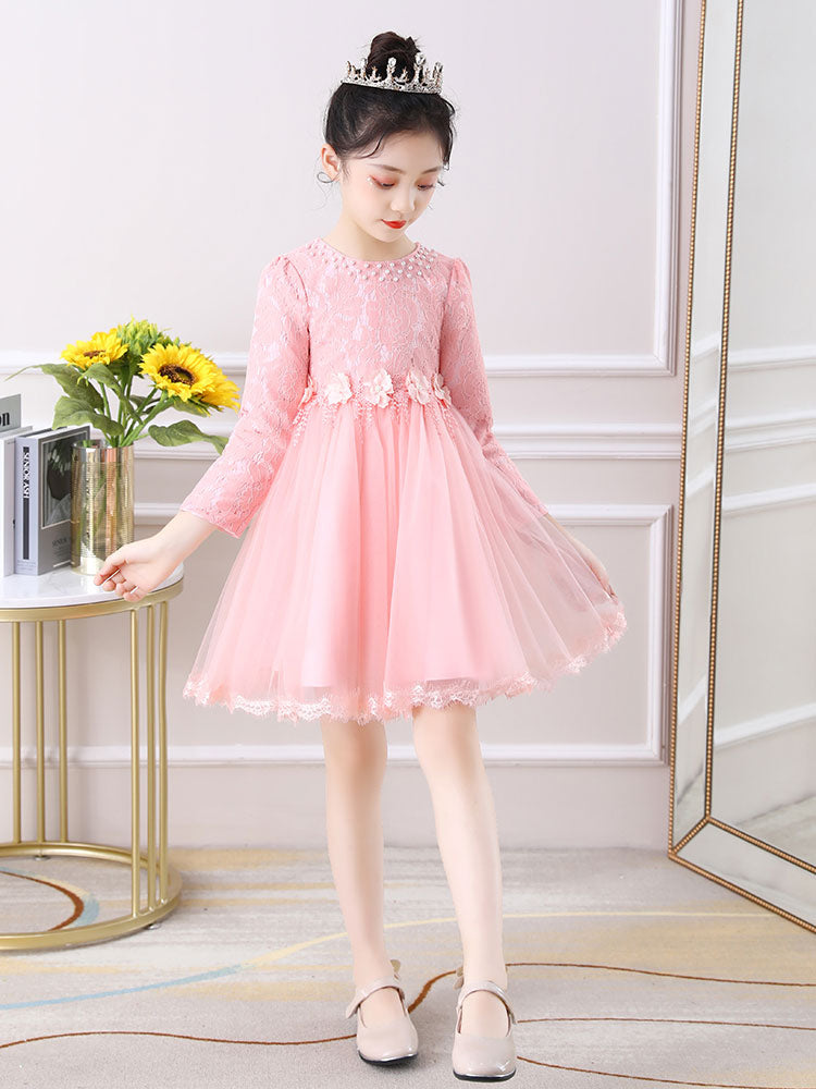 Light Pink Jewel Neck Long Sleeves Beaded Tulle Lace Kids Social Party Dresses-Dbrbridal