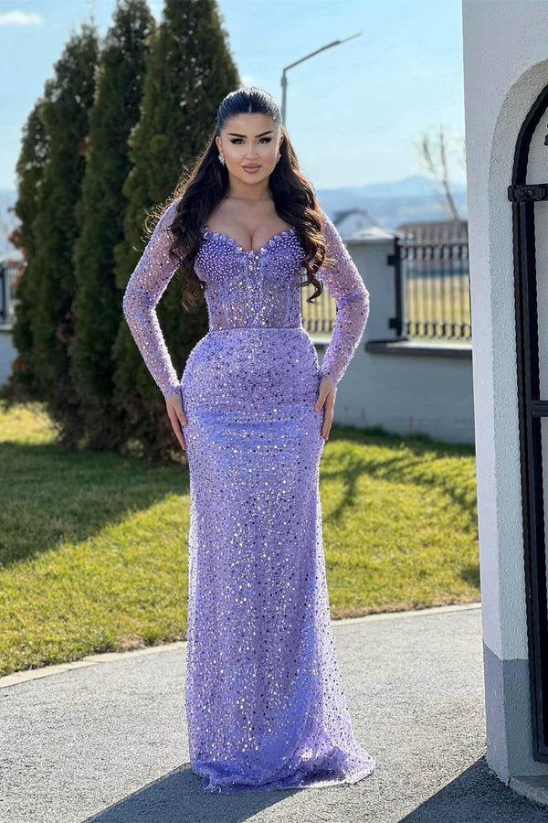 Lilac Mermaid Prom Dresses with Long Sleeves Sequins Beadings and Pearls-Dbrbridal