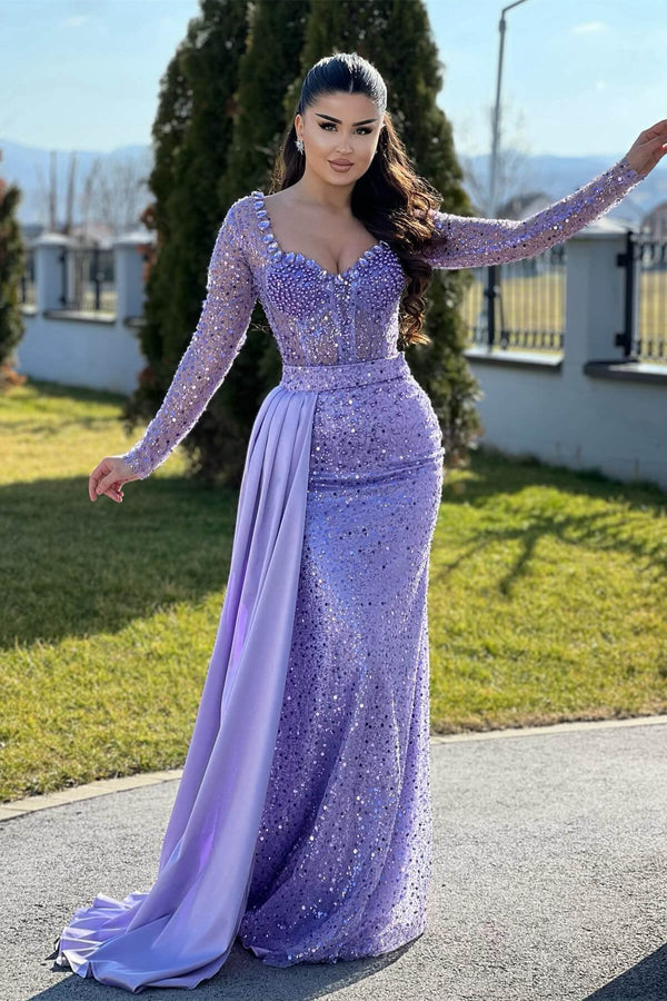 Lilac Mermaid Prom Dresses with Long Sleeves Sequins Beadings and Pearls-Dbrbridal