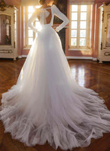 Long Sleeves Detachable Train Wedding Dresses Open Back-Dbrbridal