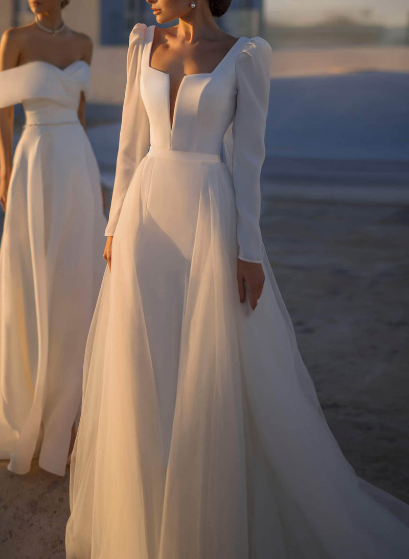 Long Sleeves Detachable Train Wedding Dresses Open Back-Dbrbridal