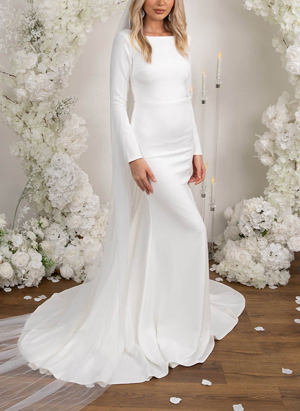 Long Sleeves Elastic Satin Mermaid Fitted Scoop Neck Wedding Dresses-Dbrbridal