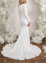 Long Sleeves Elastic Satin Mermaid Fitted Scoop Neck Wedding Dresses-Dbrbridal