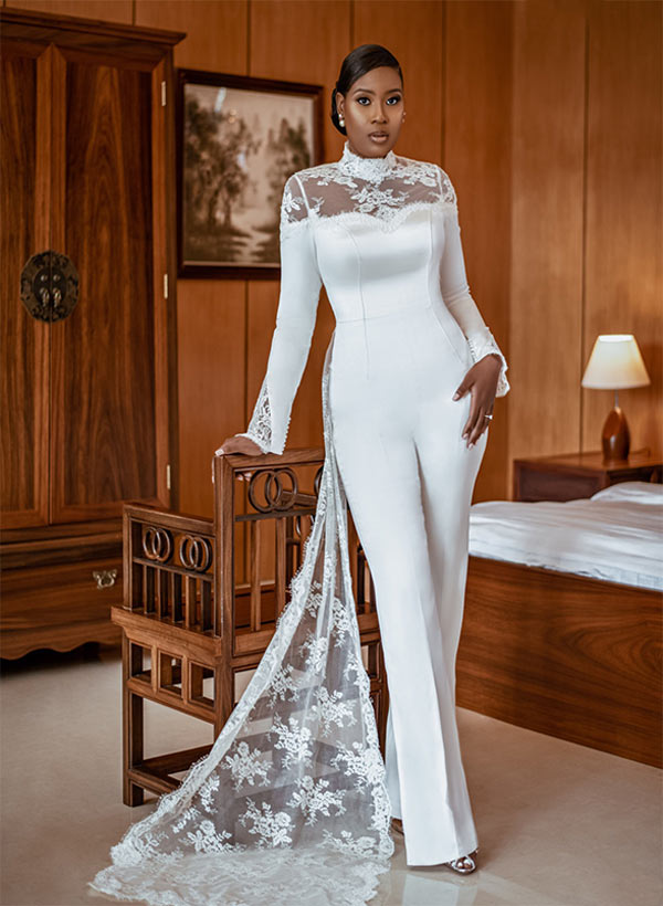 Long Sleeves Illusion Neck Lace Wedding Dress Floor-Length-Dbrbridal