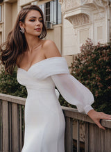 Long Sleeves Mermaid Fitted Wedding Dress Off-The-Shoulder Elastic Satin Simple-Dbrbridal