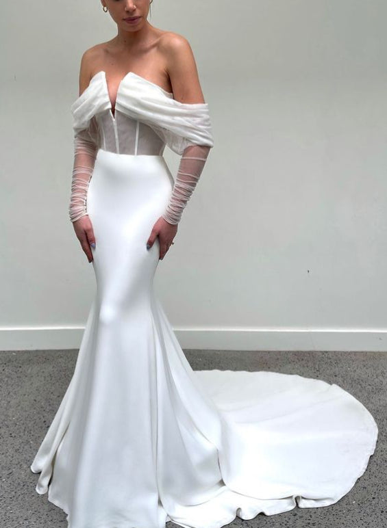 Long Sleeves Mermaid Fitted Wedding Dresses Corset-Dbrbridal