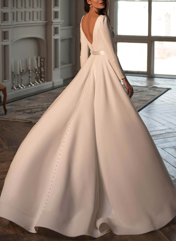 Long Sleeves Satin Wedding Dresses Chic A-line-Dbrbridal