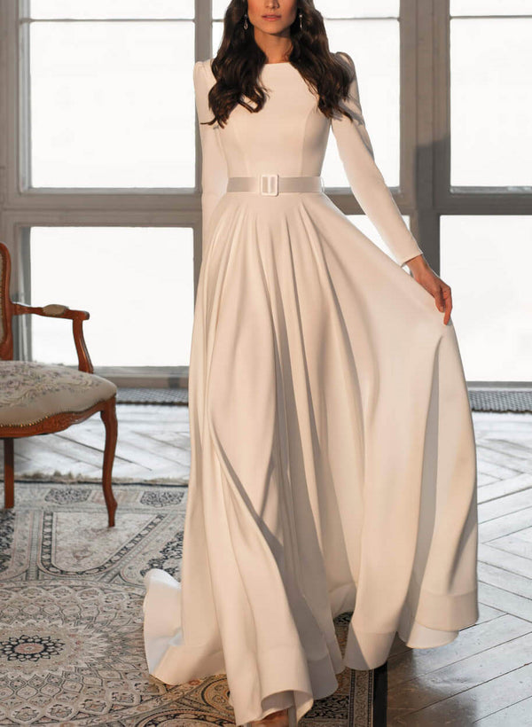 Long Sleeves Satin Wedding Dresses Chic A-line-Dbrbridal