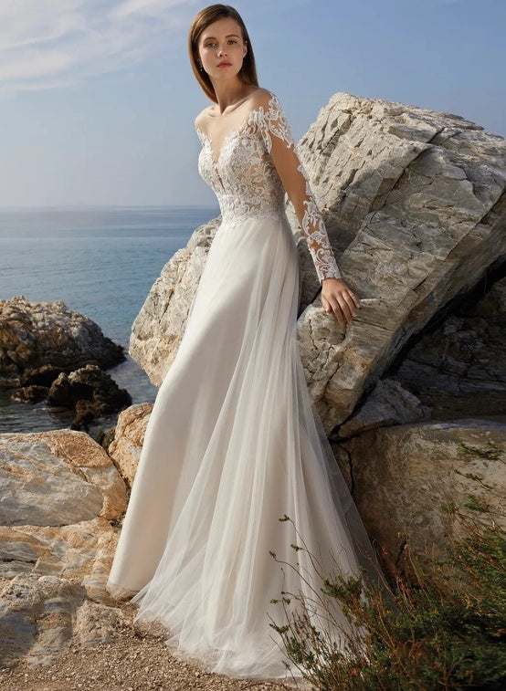 Long Sleeves Summer Beach Lace Wedding Dress Illusion Neck-Dbrbridal