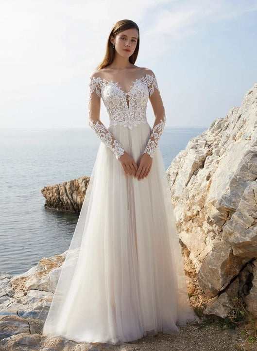 Long Sleeves Summer Beach Lace Wedding Dress Illusion Neck-Dbrbridal