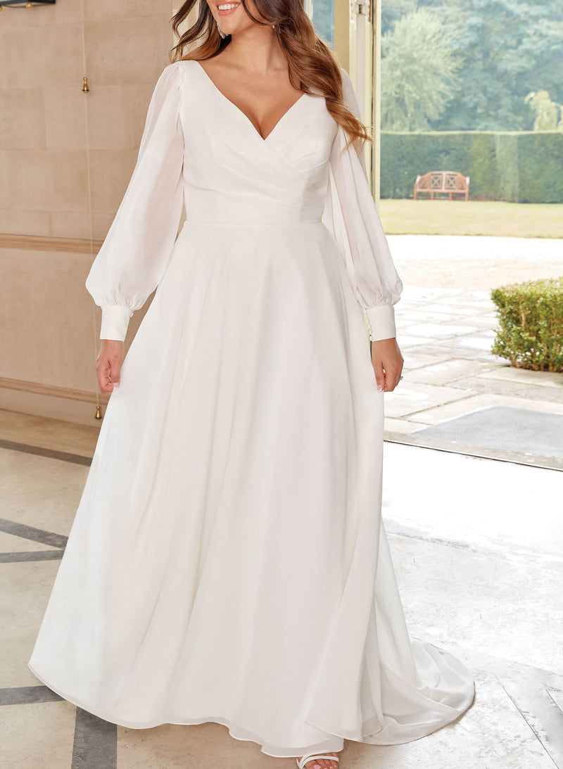 Long Sleeves V-Neck Wedding Dresses-Dbrbridal