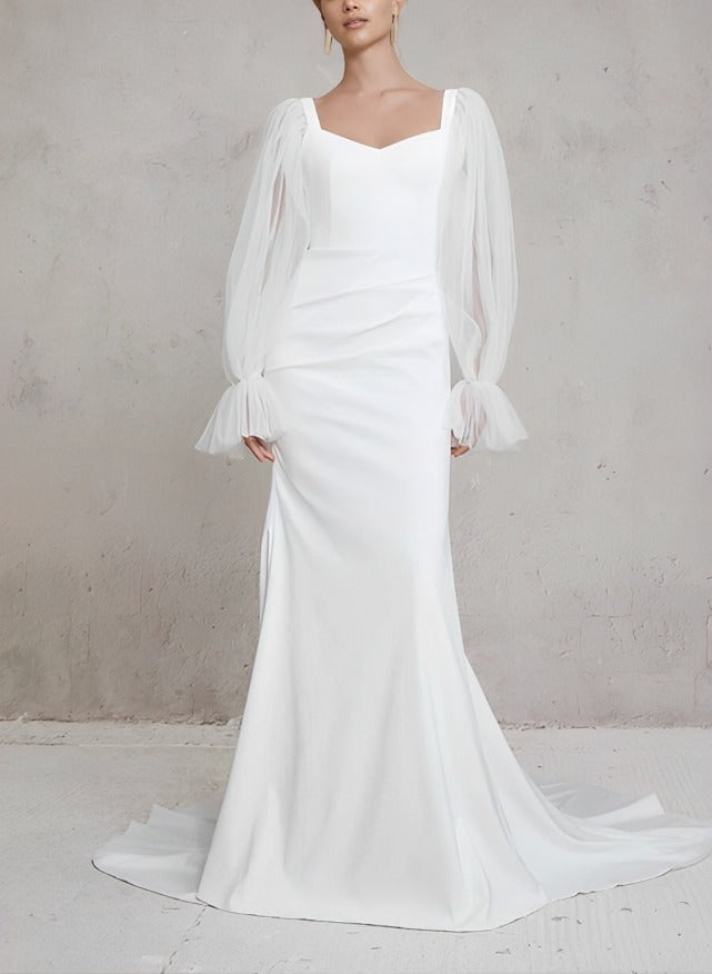 Long Sleeves Wedding Dress Satin-Dbrbridal