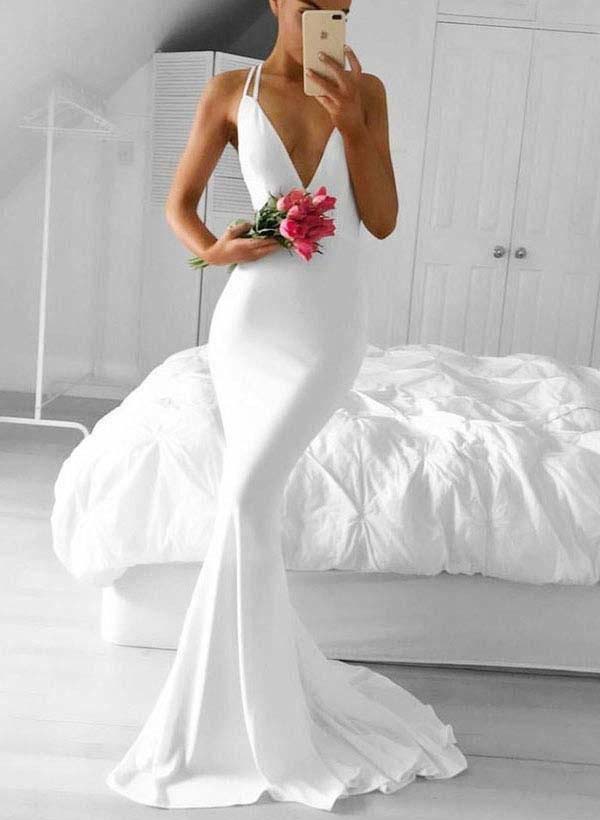 Low Back Mermaid Fitted Wedding Dresses Hot Deep V-Neck-Dbrbridal