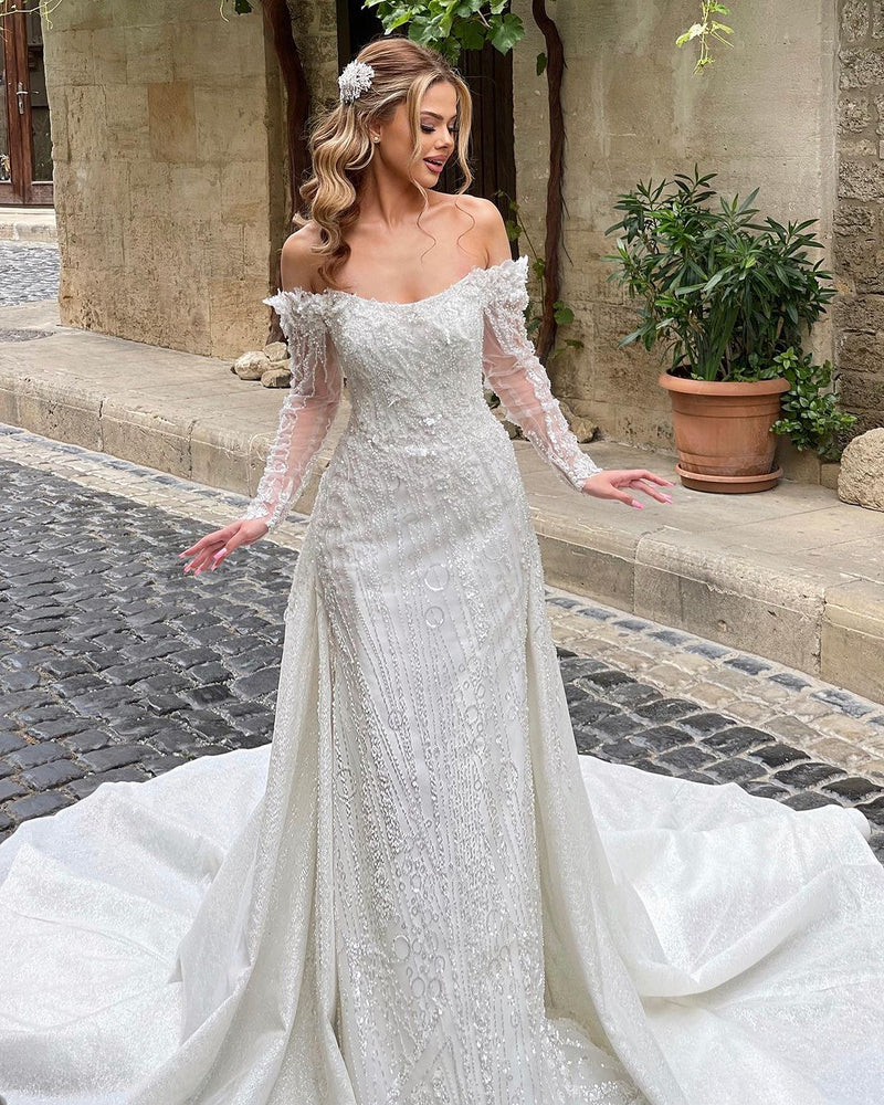 Luxurious Long Ivory Off-the-shoulder Lace Beading Long Sleeves Bridal Wear Long-Dbrbridal