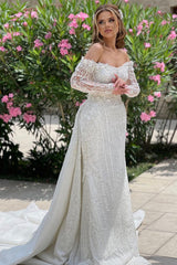 Luxurious Long Ivory Off-the-shoulder Lace Beading Long Sleeves Bridal Wear Long-Dbrbridal