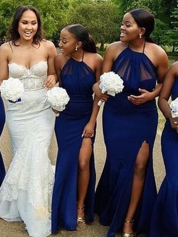 Mermaid Classy Satin Halter Sleeveless Bridesmaid Dresses-Dbrbridal