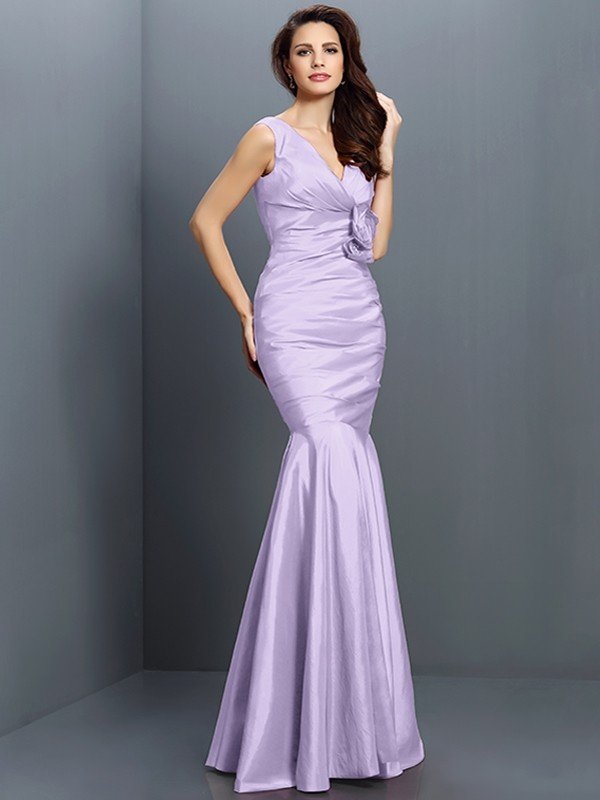 Mermaid Classy V-neck Hand-Made Flower Sleeveless Long Taffeta Bridesmaid Dresses-Dbrbridal