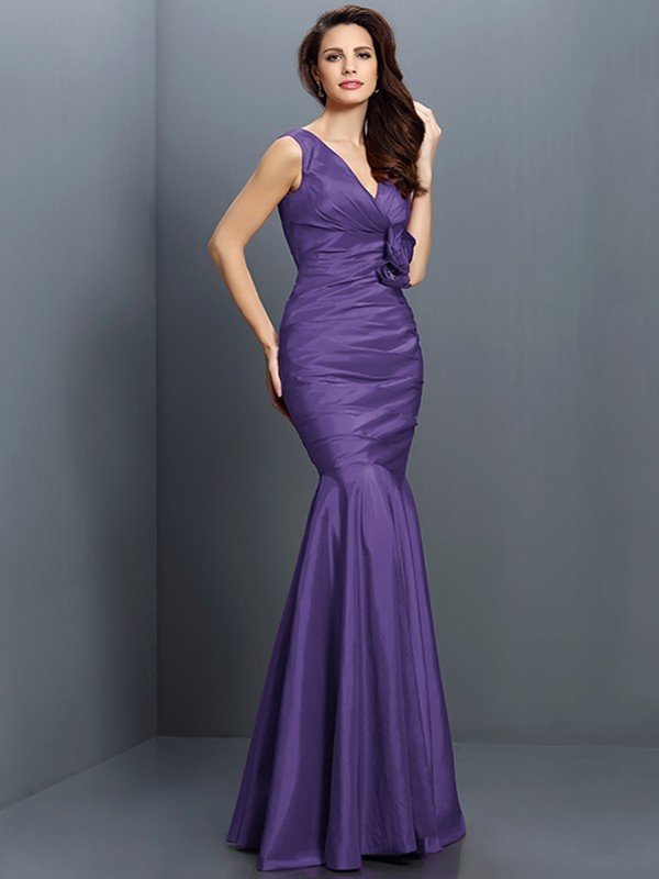 Mermaid Classy V-neck Hand-Made Flower Sleeveless Long Taffeta Bridesmaid Dresses-Dbrbridal