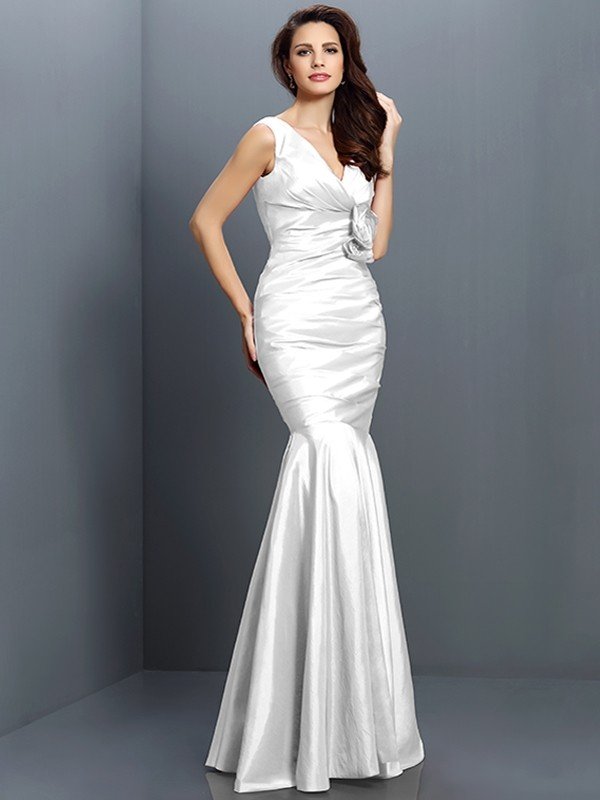 Mermaid Classy V-neck Hand-Made Flower Sleeveless Long Taffeta Bridesmaid Dresses-Dbrbridal