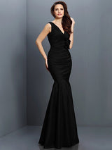 Mermaid Classy V-neck Hand-Made Flower Sleeveless Long Taffeta Bridesmaid Dresses-Dbrbridal