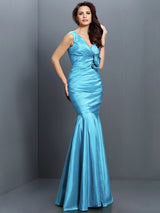 Mermaid Classy V-neck Hand-Made Flower Sleeveless Long Taffeta Bridesmaid Dresses-Dbrbridal