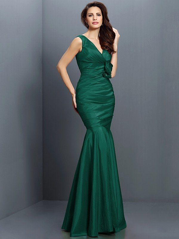 Mermaid Classy V-neck Hand-Made Flower Sleeveless Long Taffeta Bridesmaid Dresses-Dbrbridal