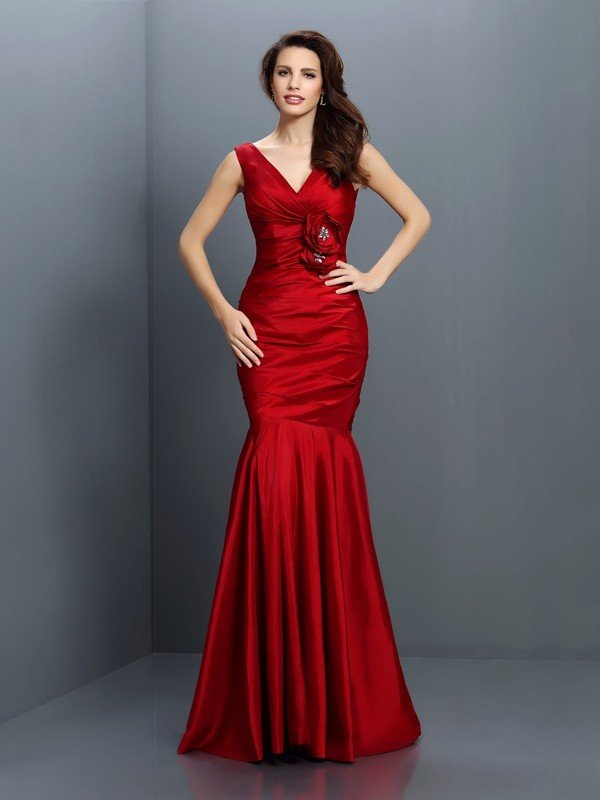 Mermaid Classy V-neck Hand-Made Flower Sleeveless Long Taffeta Bridesmaid Dresses-Dbrbridal