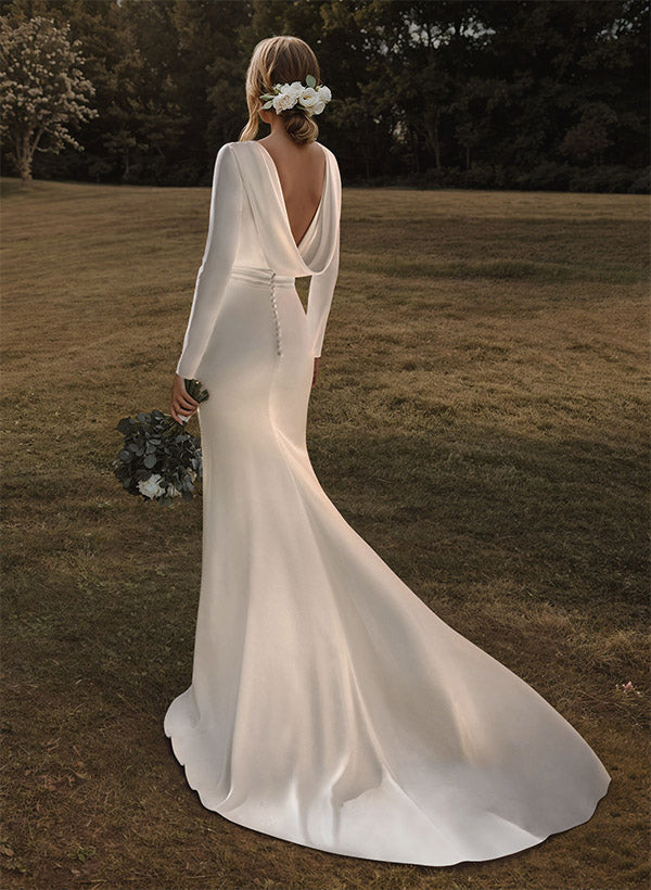 Mermaid Fitted Cowl Back Long Sleeves Wedding Dress Sweep Train-Dbrbridal