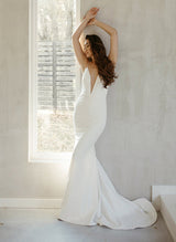 Mermaid Fitted V-Neck Sleeveless Sweep Train Elastic Satin Wedding Dresses Open Back-Dbrbridal