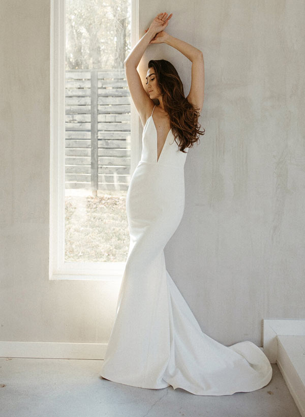 Mermaid Fitted V-Neck Sleeveless Sweep Train Elastic Satin Wedding Dresses Open Back-Dbrbridal