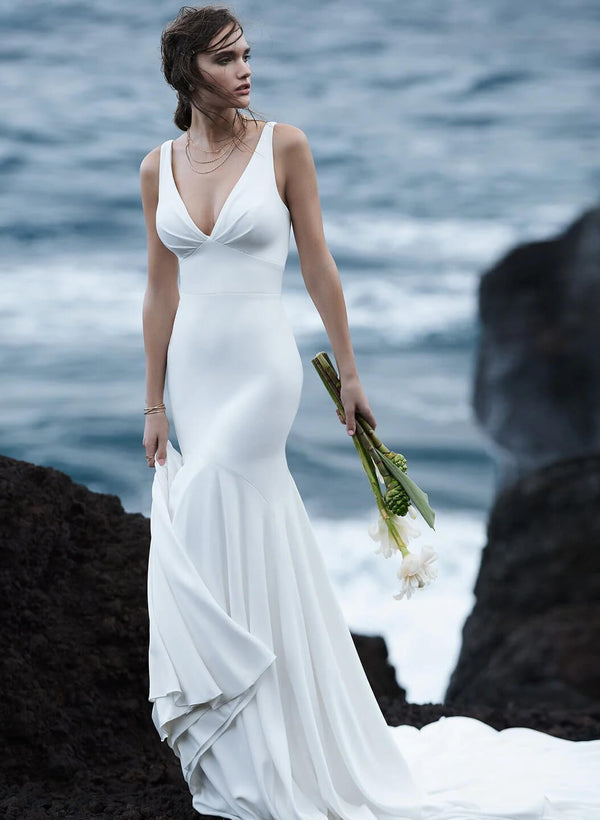 Mermaid Fitted V-Neck Wedding Dresses Covered Button-Dbrbridal