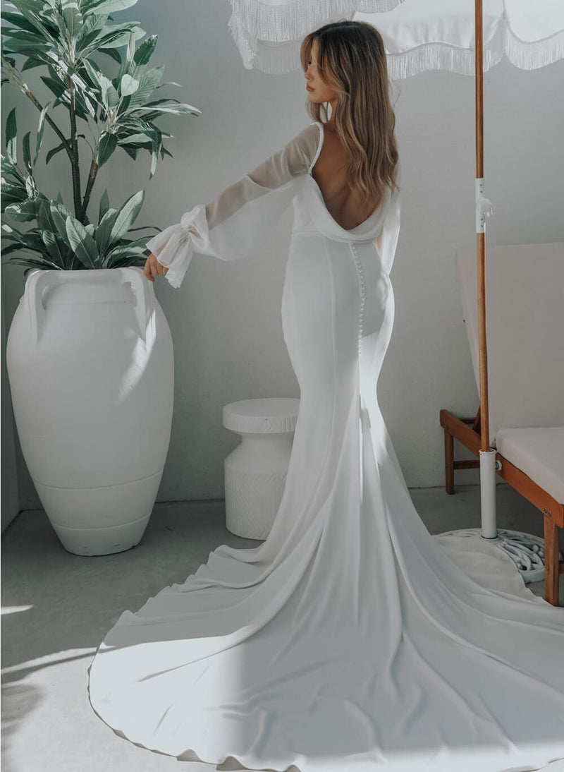 Mermaid Fitted Wedding Dresses Long Sleeves Cowl Back-Dbrbridal