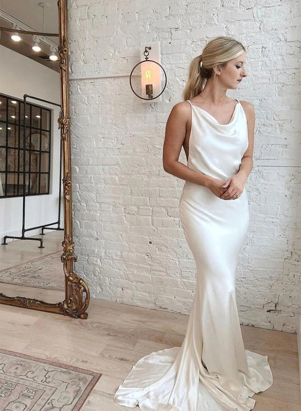 Mermaid Fitted Wedding Dresses Open Back Cowl Neck in Satin-Dbrbridal