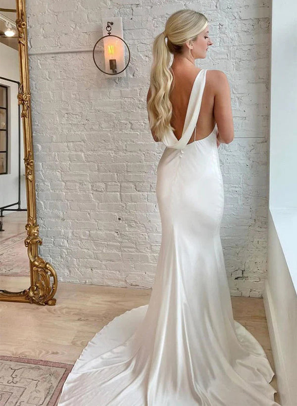 Mermaid Fitted Wedding Dresses Open Back Cowl Neck in Satin-Dbrbridal