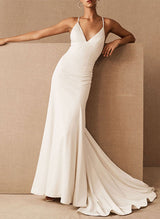 Mermaid Fitted Wedding Dresses V Neck Sleeveless Train-Dbrbridal