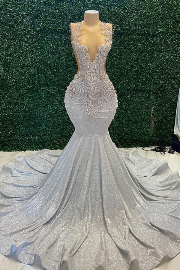 Mermaid Sparkle Silver Beaded Long Prom Dresses-Dbrbridal