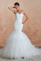 Mermaid Wedding Dress Beaded Chic V-Neck Sleeveless Bridal Gowns With Train-Dbrbridal