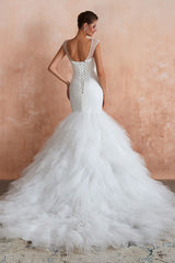 Mermaid Wedding Dress Beaded Chic V-Neck Sleeveless Bridal Gowns With Train-Dbrbridal